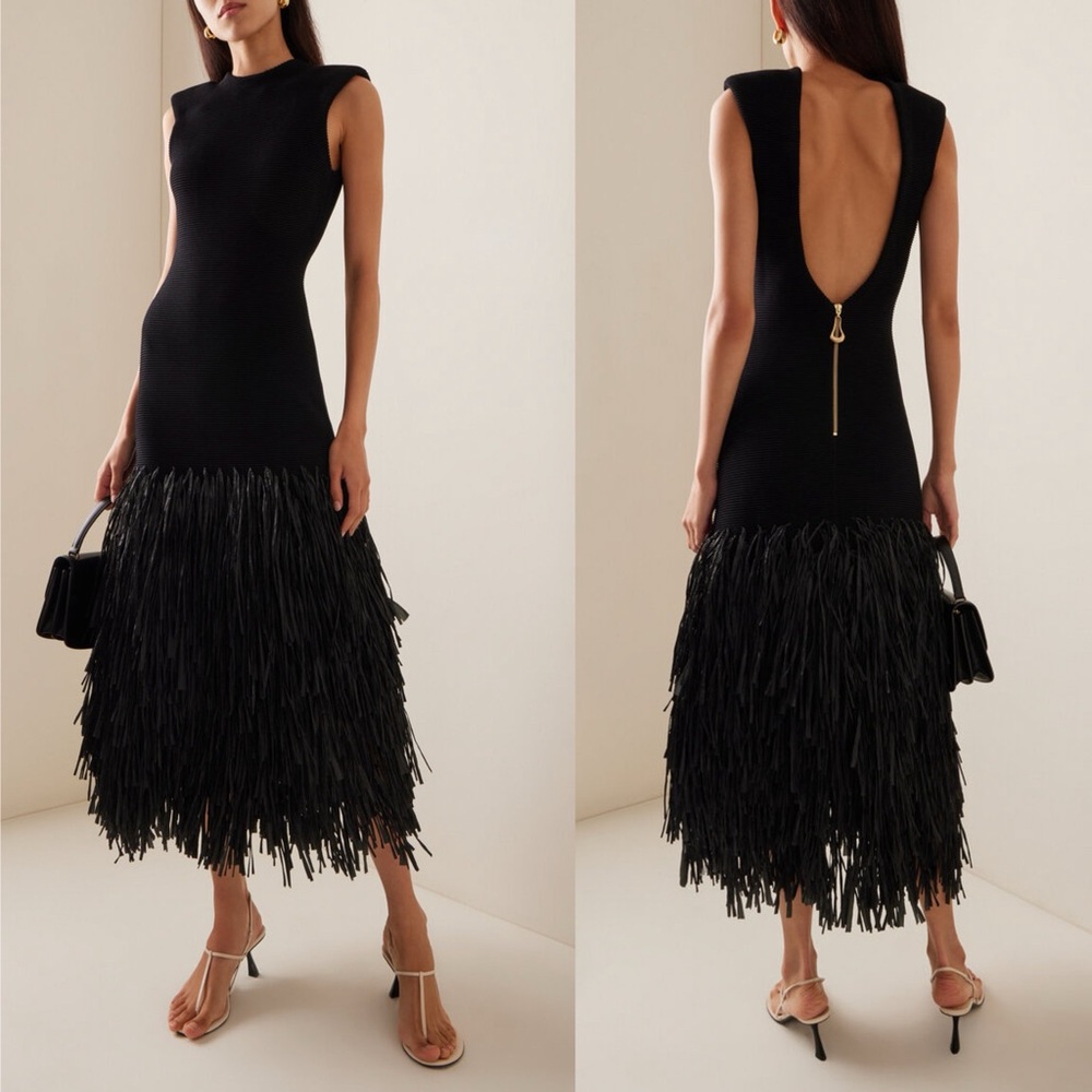 Aje Rushes Raffia Trimmed Ribbed Stretch Knit Dress Black - Picture 2 of 11